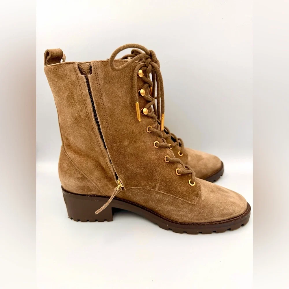 Tory Burch Suede Mid-Calf Combat Boots-Brown